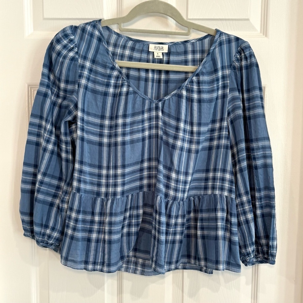 a.n.a. Blue Plaid Peplum V-Neck Lightweight 3/4 Sleeve Western Blouse Women Sz S